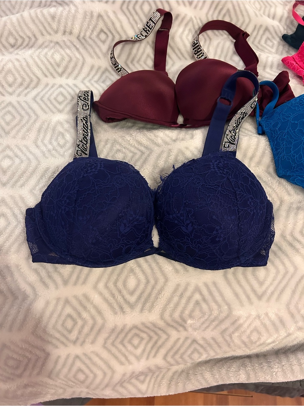 Victoria's Secret Navy Lace Push-Up Bra with Logo Straps